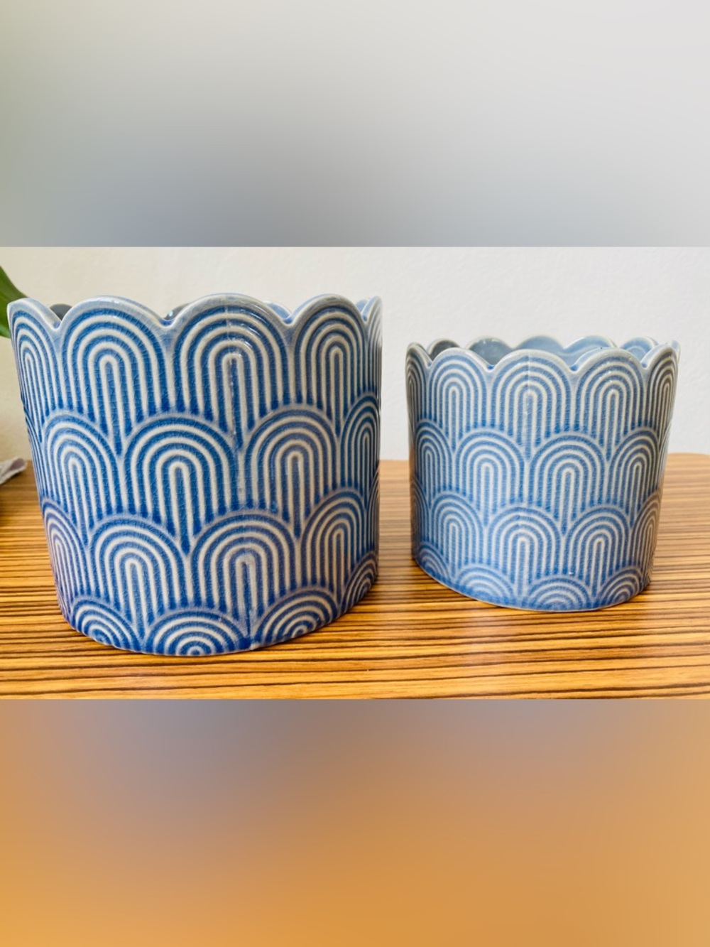 Blue Scalloped Ceramic Planters - Set of 2